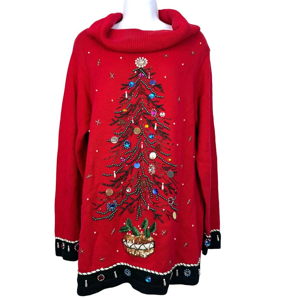 BP Design Vintage Red Christmas Tree Sweater Beaded Sequin Tunic L